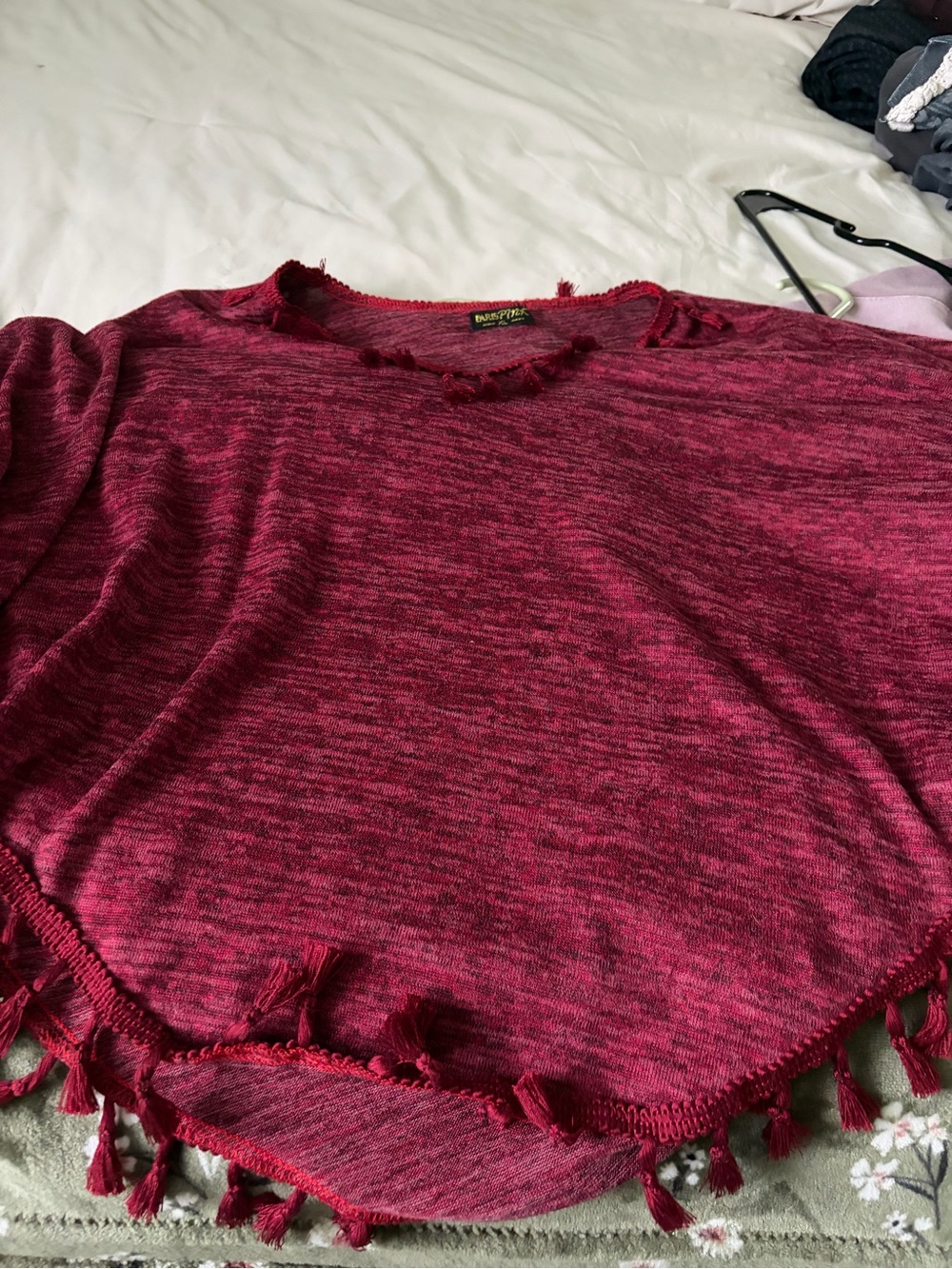 PARIS PINK WOMEN'S BURGUNDY/DEEP RED TASSEL PONCHO SIZE XL